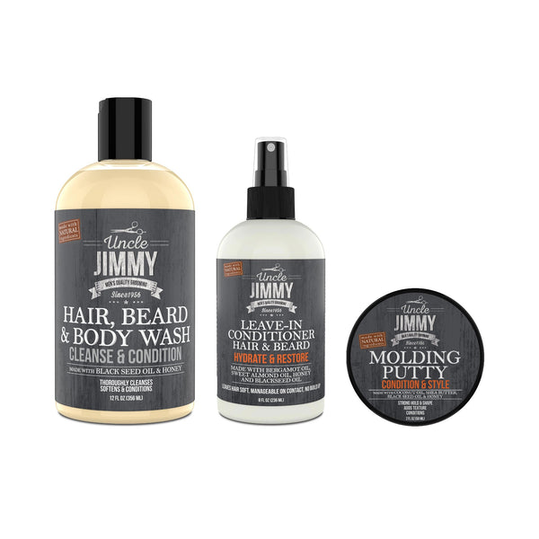 Uncle Jimmy waves regimen — Hair, Beard & Body Wash, Leave-In Conditioner, and Molding Putty shown together