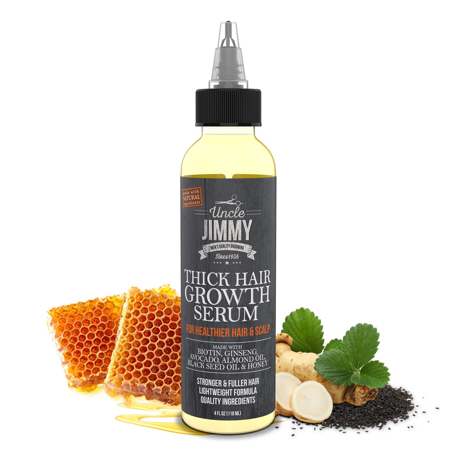 Uncle Jimmy Thick Hair Growth Serum 4oz Front View with Ingredients